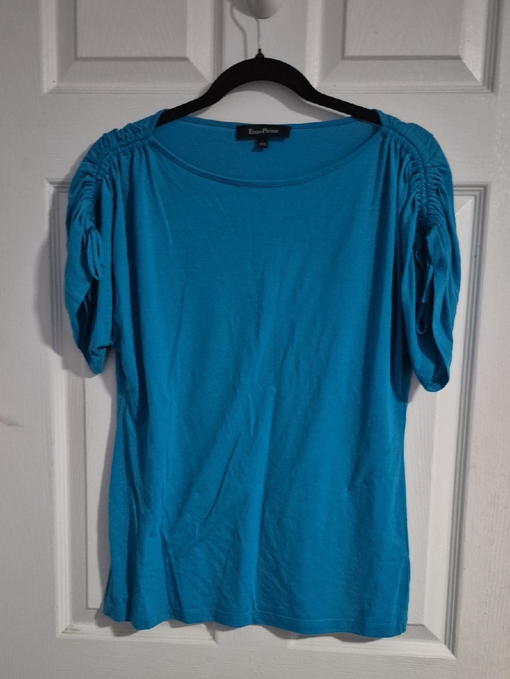Evan Picone Bright Teal Short Sleeve Ruched Shoulder Top